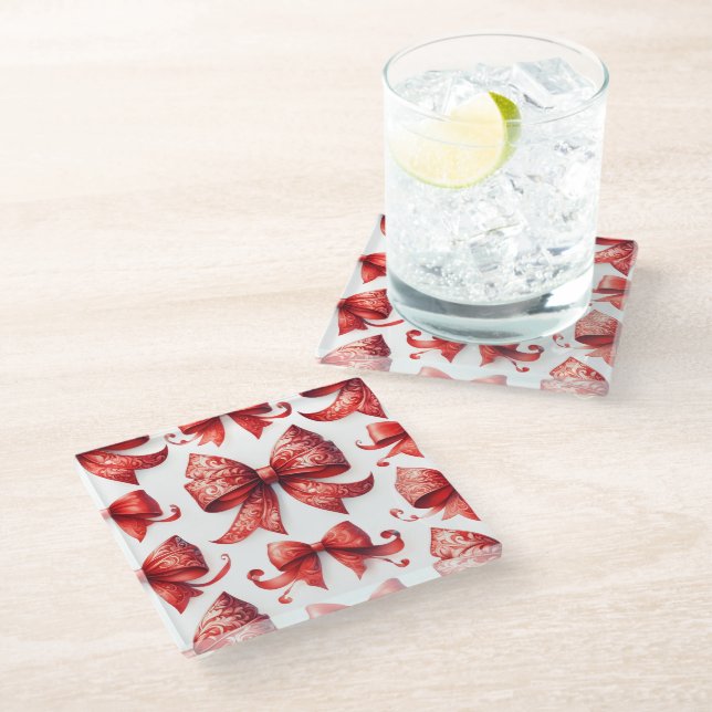 Posavasos De Vidrio Lazos Navideños Rojos (Angular)