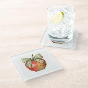 Posavasos De Vidrio Lazos Verdes Rayas Manzana Roja