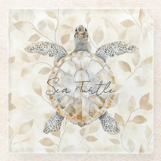 Posavasos De Vidrio Leaves Cream Ocean Beach Sea Turtles (Anverso)