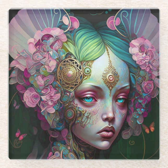 Posavasos De Vidrio Lechuga verde rosa Fantasía arte (Anverso)