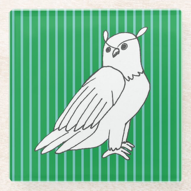 Posavasos De Vidrio Lechuza artística de franjas verdes azules (Anverso)