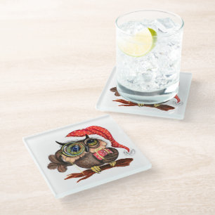 Posavasos De Vidrio Lechuza en Navidades Gorra y tostadora de vidrio d