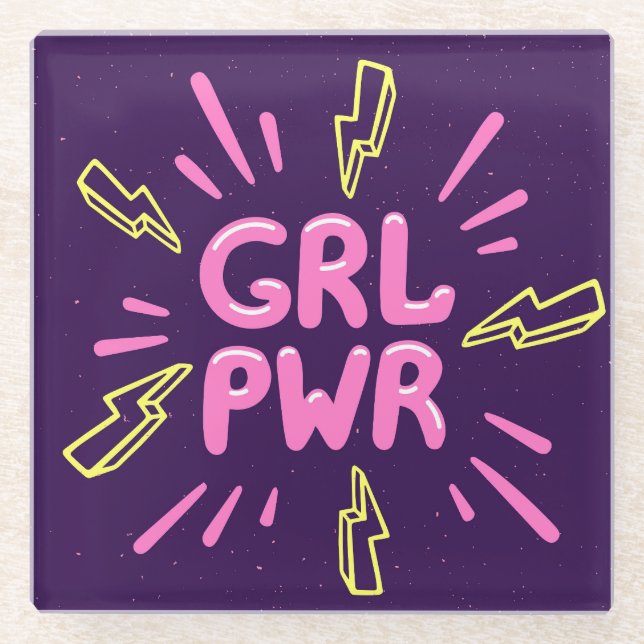 Posavasos De Vidrio Lema feminista del poder chica, fondo violeta. (Anverso)