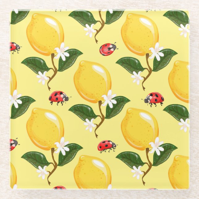 Posavasos De Vidrio Lemon Ladybug: Patrón amarillo tropical. (Anverso)