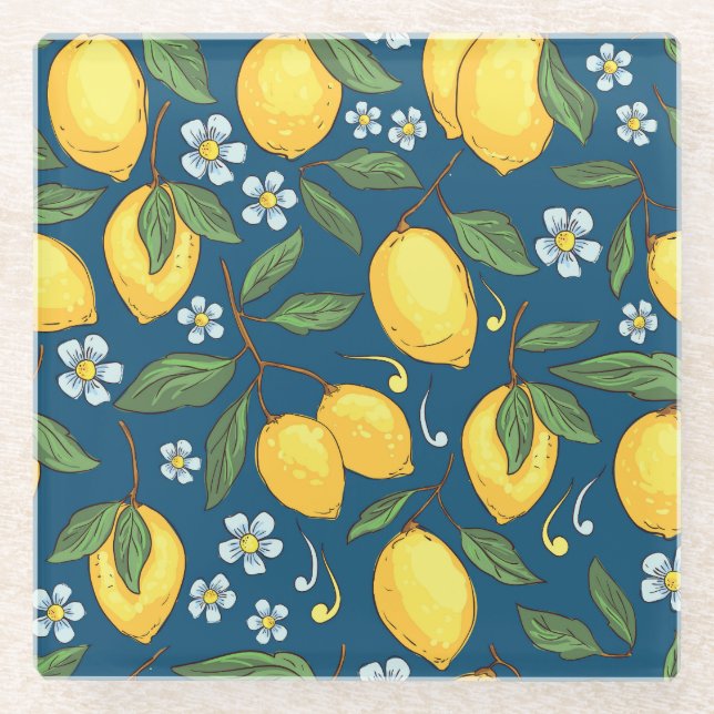 Posavasos De Vidrio Lemones Amarillos: Patrón de fruta tropical. (Anverso)