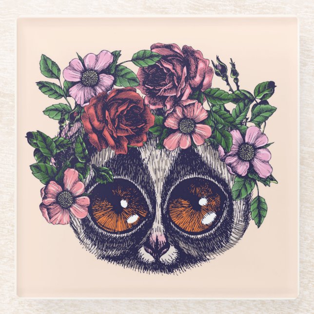Posavasos De Vidrio Lemur floral dulce (Anverso)