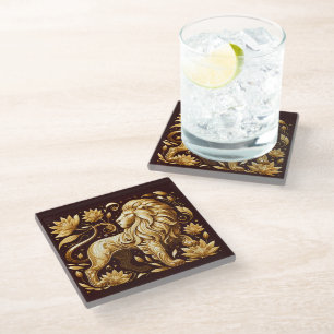 Posavasos De Vidrio León de Oro Majestuoso