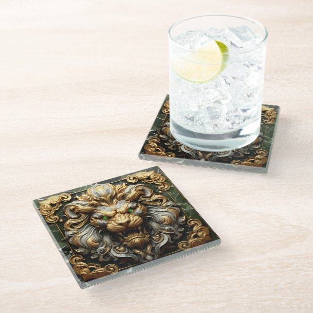 Posavasos De Vidrio León dorado feroz con acentos esmeraldos (Angular)