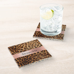Posavasos De Vidrio Leopard Animal Rosa Rosa Ribbon Nombre