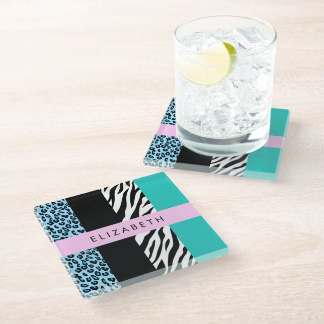 Posavasos De Vidrio Leopard Print, Zebra Print, Blue, Your Name (Angular)