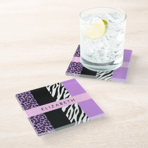 Posavasos De Vidrio Leopard Print, Zebra Print, Purple, Tu Nombre