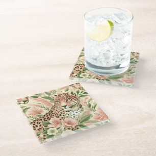 Posavasos De Vidrio Leopardo de la selva floral vintage