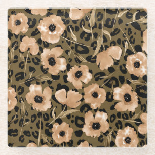 Posavasos De Vidrio Leopardo floral acuarela: patrón infinito