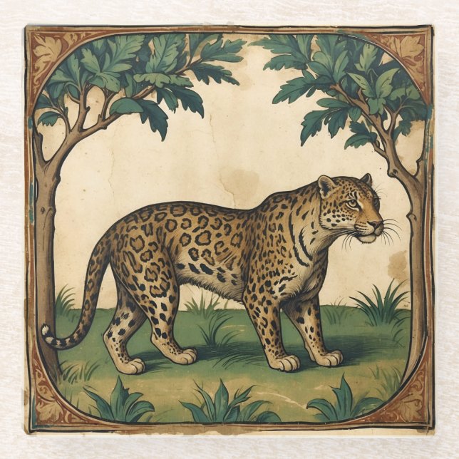 Posavasos De Vidrio Leopardo medieval con arte natural de árboles (Anverso)