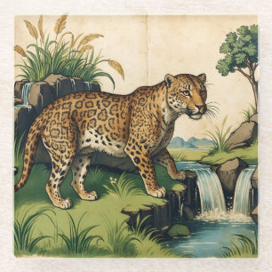 Posavasos De Vidrio Leopardo medieval con arte natural de cascada