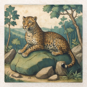 Posavasos De Vidrio Leopardo medieval sobre el rock en la naturaleza
