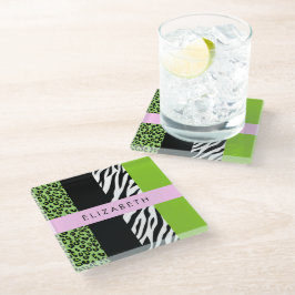 Posavasos De Vidrio Leopardo Print, Zebra Print, Green, Your Name