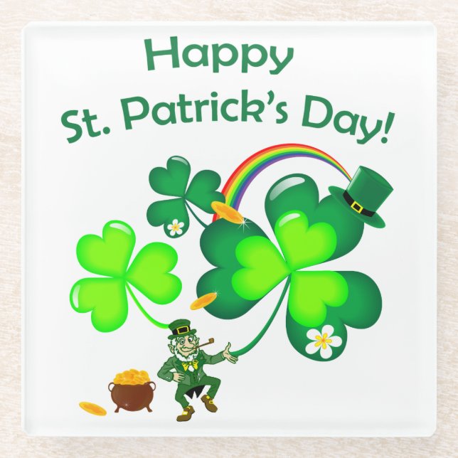 Posavasos De Vidrio Leprechaun y Shamrock (Anverso)