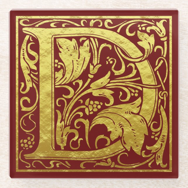Posavasos De Vidrio Letra D Primera Letra Faux Gold Red (Anverso)