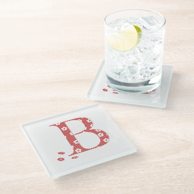 Posavasos De Vidrio Letra de patrón de flor B(roja) (Angular)