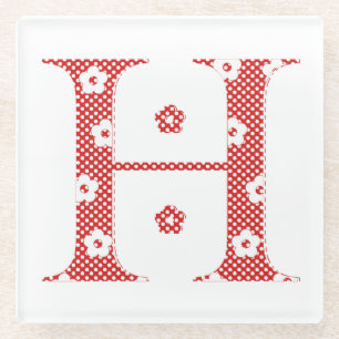 Posavasos De Vidrio Letra de patrón de flor H (rojo)
