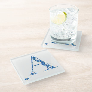 Posavasos De Vidrio Letra del patrón de flor A(azul)