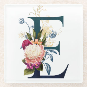 Posavasos De Vidrio Letra E de monograma floral elegante