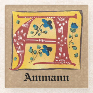 Posavasos De Vidrio Letra floral medieval iluminada por monograma a