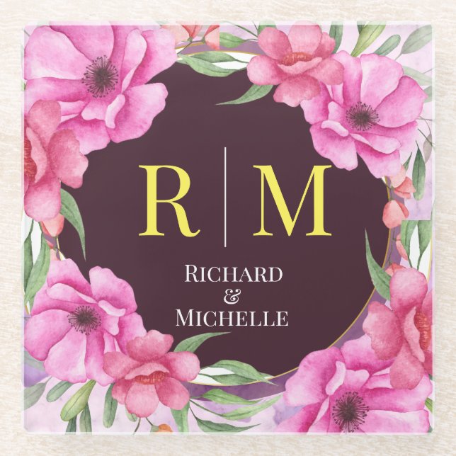 Posavasos De Vidrio Letra inicial floral de la guirnalda Monograma Nom (Anverso)