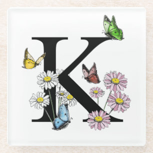 Posavasos De Vidrio Letra K acuarela floral mariposa monograma