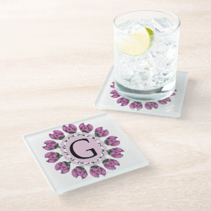 Posavasos De Vidrio Letra mayúscula G monograma floral