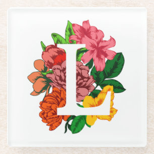 Posavasos De Vidrio Letra mayúscula L monograma floral