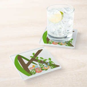 Posavasos De Vidrio Letra mayúscula monograma floral K