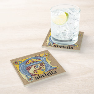 Posavasos De Vidrio Letra medieval azul y marfil rojo iluminada A