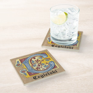 Posavasos De Vidrio Letra medieval azul y marfil rojo iluminada C