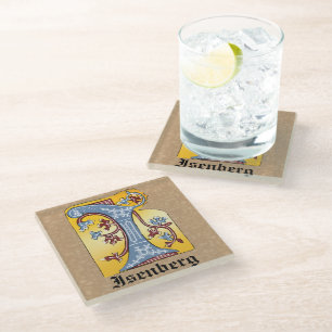 Posavasos De Vidrio Letra medieval azul y marfil rojo iluminada con le