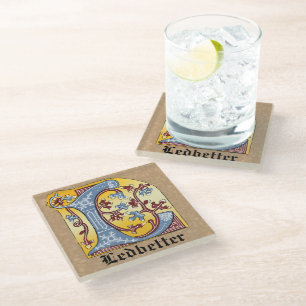 Posavasos De Vidrio Letra medieval azul y marfil rojo iluminada L