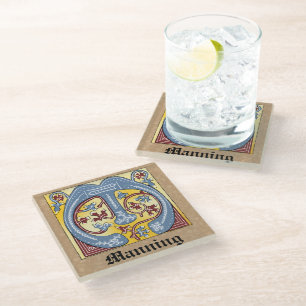 Posavasos De Vidrio Letra medieval azul y marfil rojo iluminada M