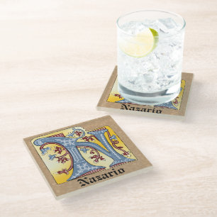 Posavasos De Vidrio Letra medieval azul y marfil rojo iluminada N