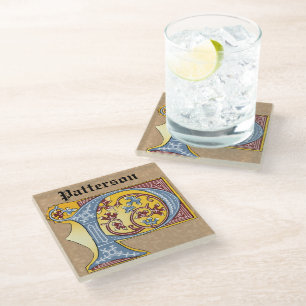 Posavasos De Vidrio Letra medieval azul y marfil rojo iluminada P