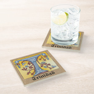 Posavasos De Vidrio Letra medieval azul y marfil rojo iluminada T