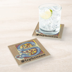Posavasos De Vidrio Letra medieval azul y roja marfil con iluminación 