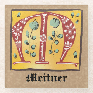 Posavasos De Vidrio Letra medieval floral iluminada M Monograma