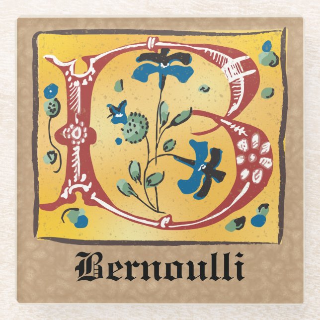 Posavasos De Vidrio Letra medieval floral iluminada Monograma B (Anverso)