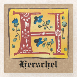 Posavasos De Vidrio Letra medieval floral iluminada Monograma H