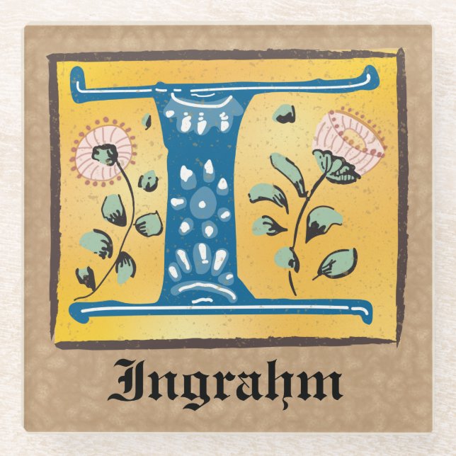 Posavasos De Vidrio Letra medieval floral iluminada monograma I (Anverso)