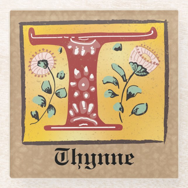 Posavasos De Vidrio Letra medieval floral iluminada monograma T (Anverso)