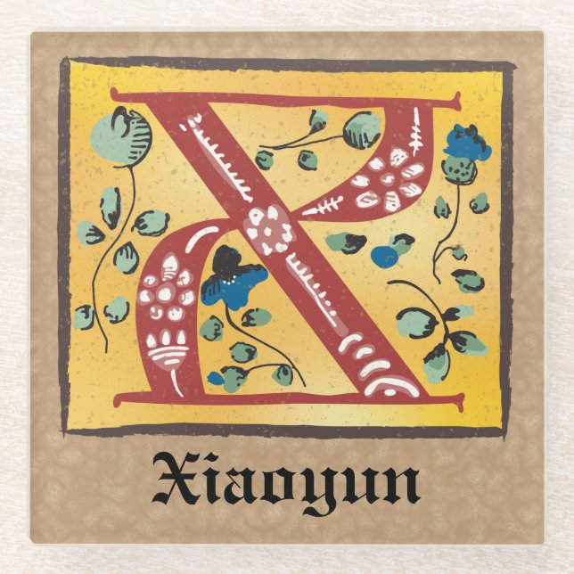 Posavasos De Vidrio Letra medieval floral iluminada x monograma (Anverso)