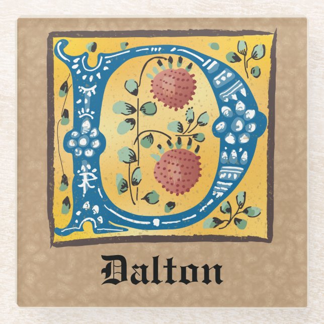Posavasos De Vidrio Letra medieval floral luminosa monograma D (Anverso)