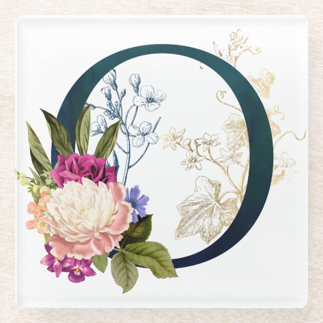 Posavasos De Vidrio Letra o monograma floral brillante (Anverso)